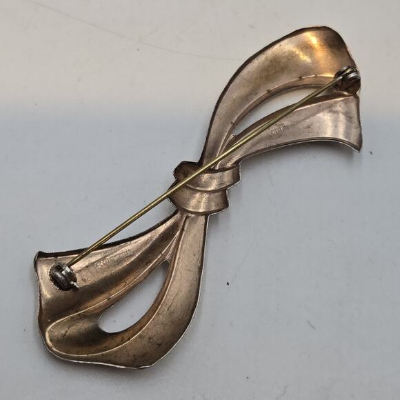 Vintage 1940s Vermeil 925 Sterling Silver Bow Design Pin Brooch Rose Gold - Picture 4 of 7